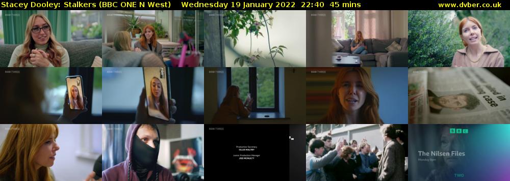 Stacey Dooley: Stalkers (BBC ONE N West) Wednesday 19 January 2022 22:40 - 23:25