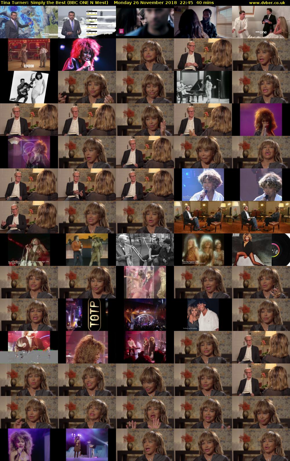 Tina Turner: Simply the Best (BBC ONE N West) Monday 26 November 2018 22:45 - 23:25