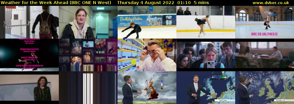 Weather for the Week Ahead (BBC ONE N West) Thursday 4 August 2022 01:10 - 01:15