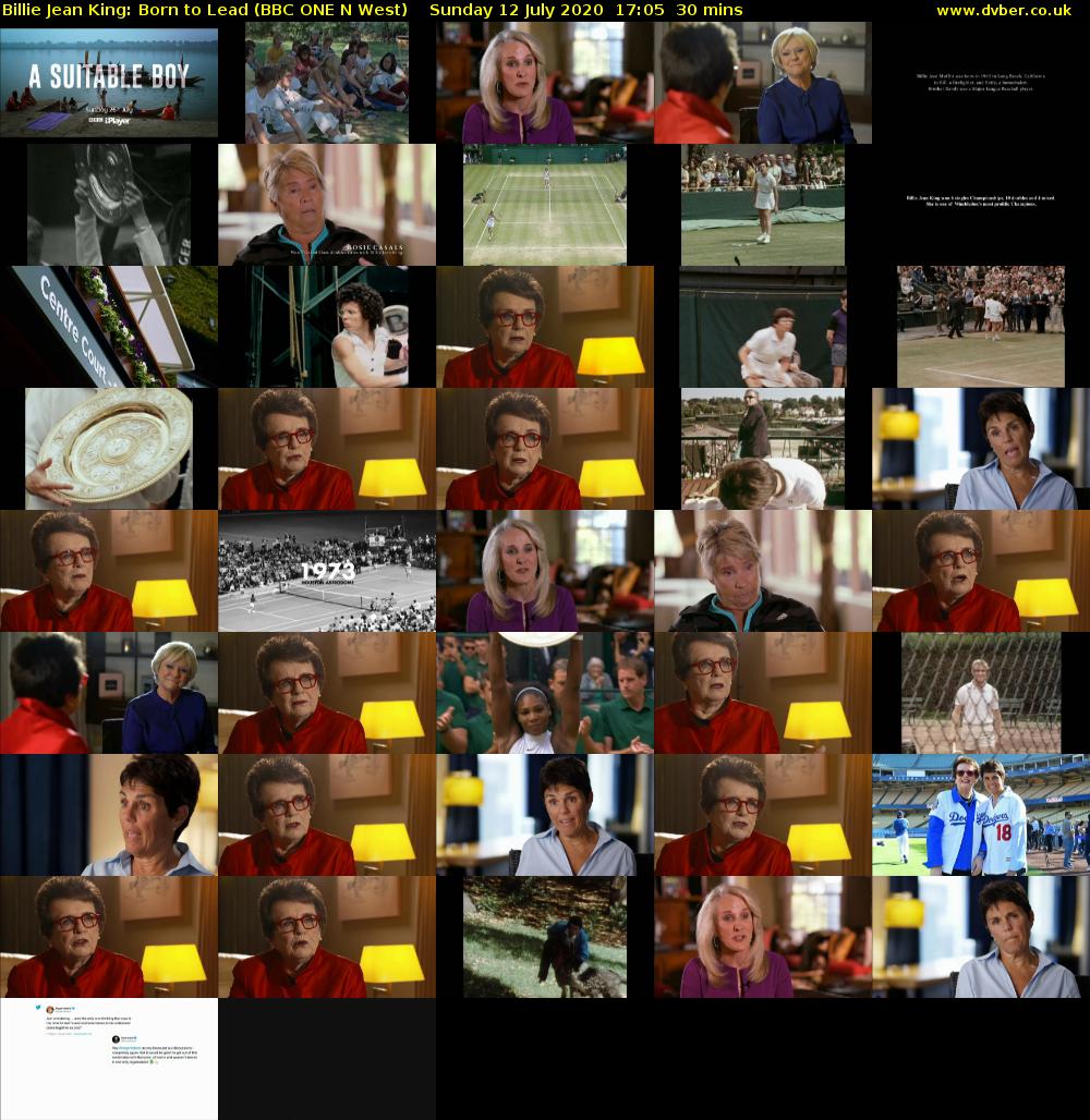 Billie Jean King: Born to Lead (BBC ONE N West) Sunday 12 July 2020 17:05 - 17:35