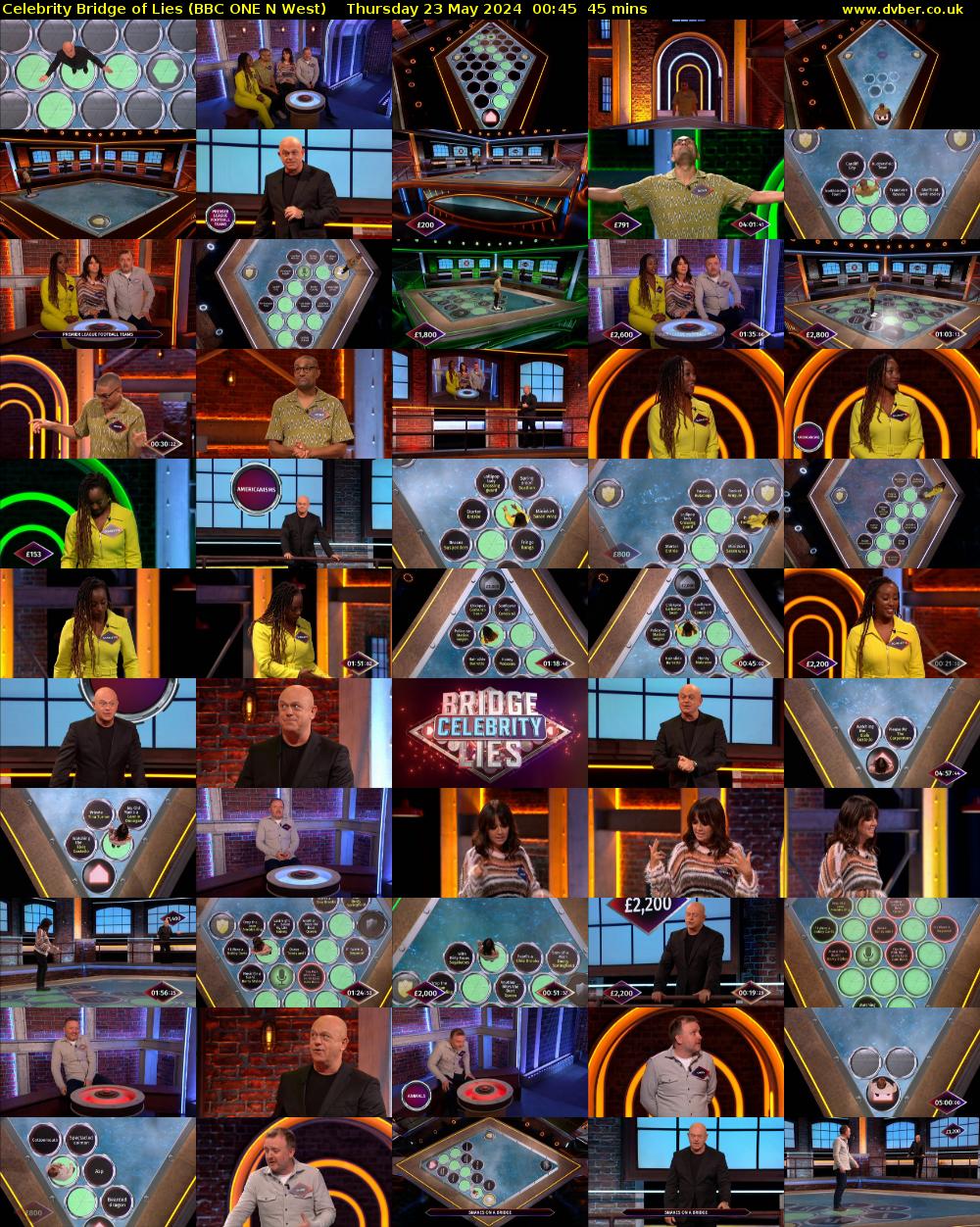 Celebrity Bridge of Lies (BBC ONE N West) Thursday 23 May 2024 00:45 - 01:30