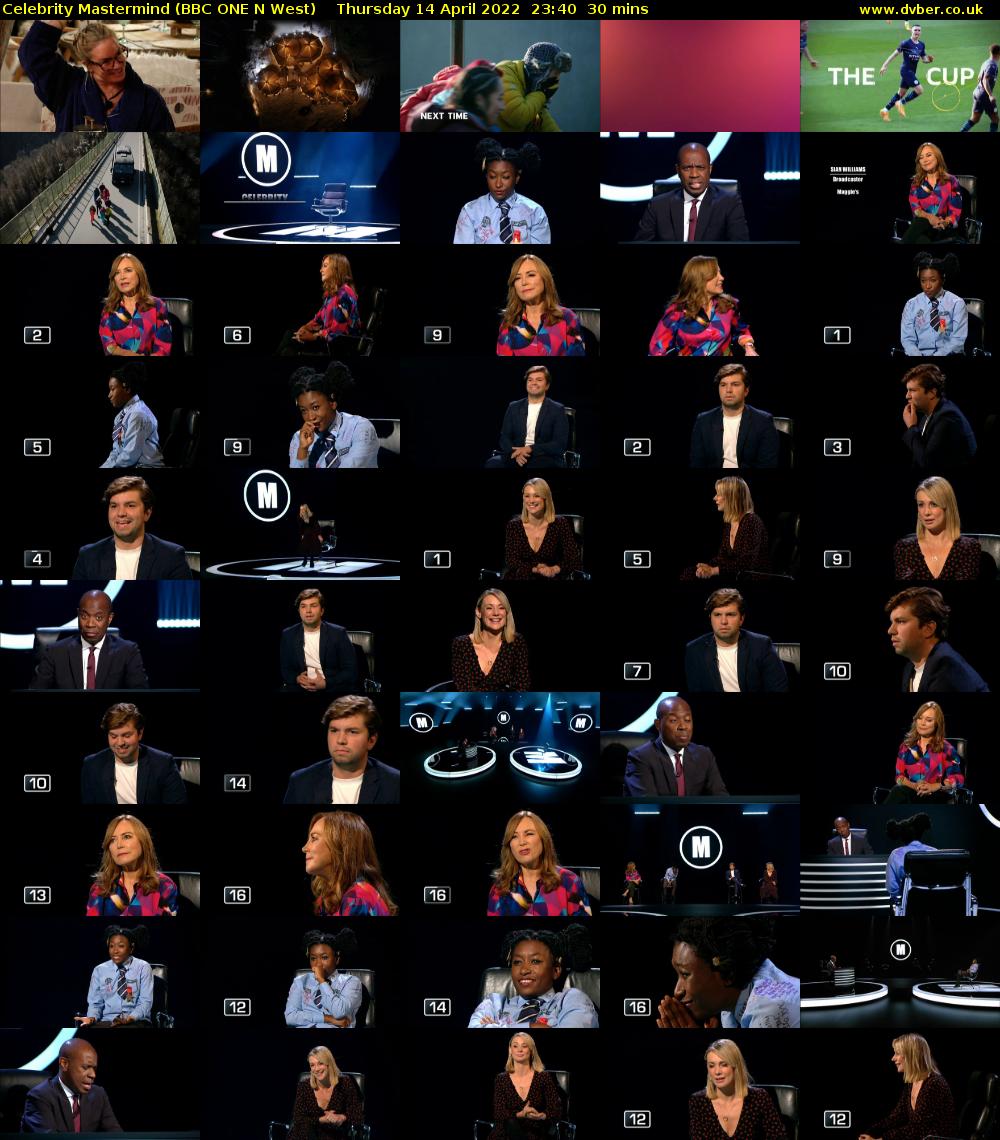 Celebrity Mastermind (BBC ONE N West) Thursday 14 April 2022 23:40 - 00:10
