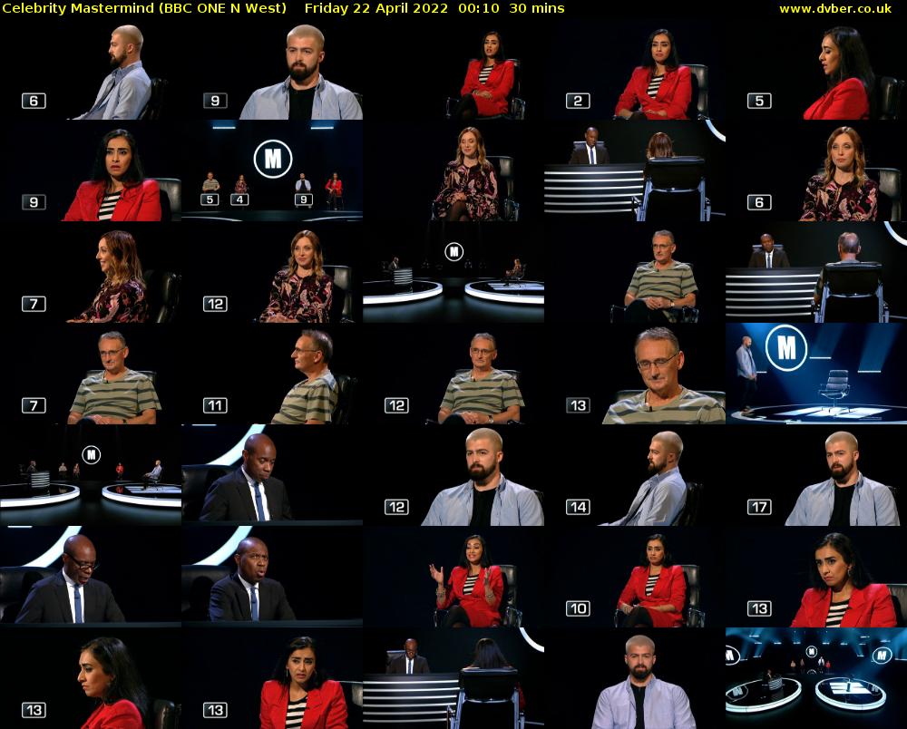 Celebrity Mastermind (BBC ONE N West) Friday 22 April 2022 00:10 - 00:40