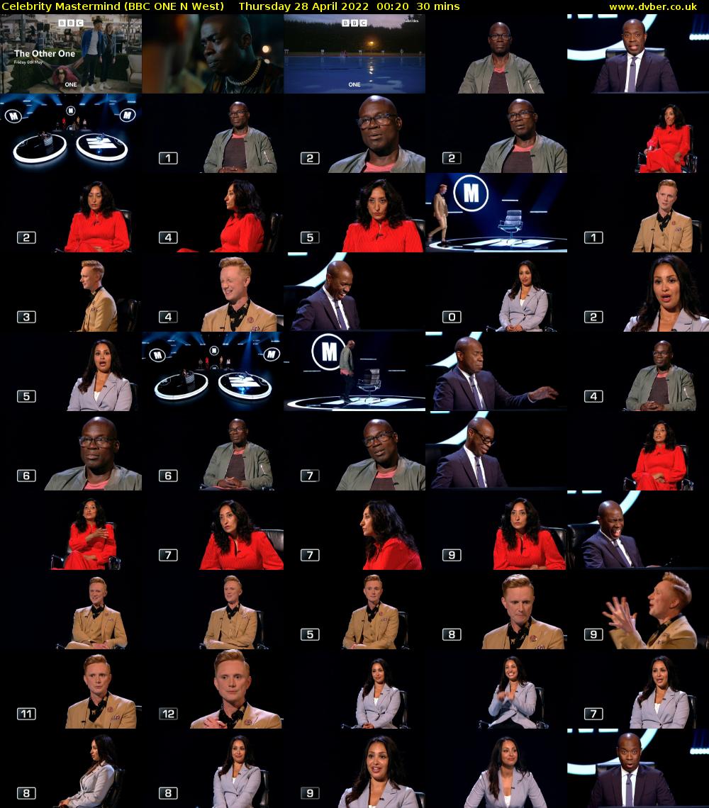 Celebrity Mastermind (BBC ONE N West) Thursday 28 April 2022 00:20 - 00:50