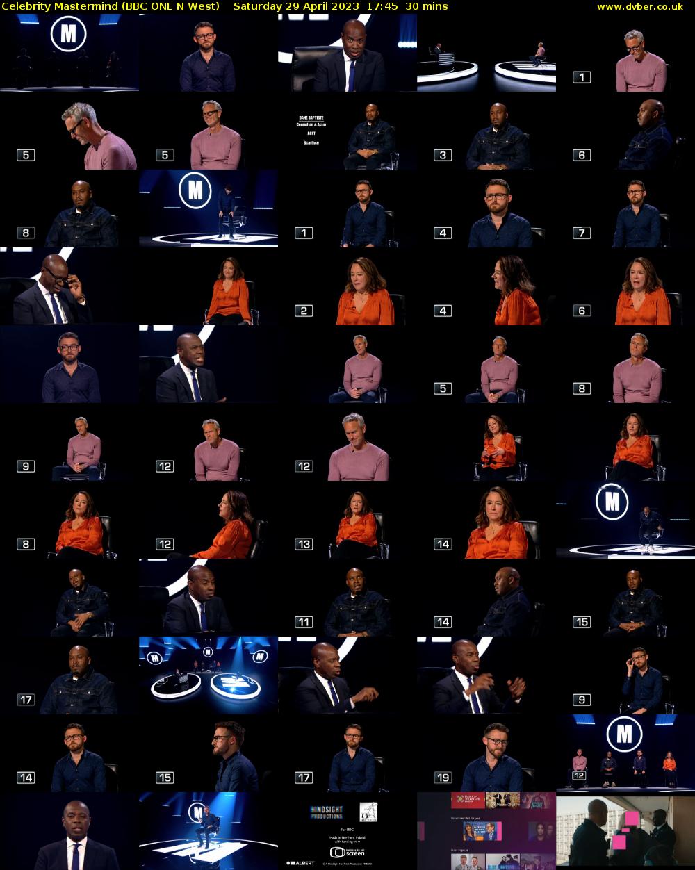 Celebrity Mastermind (BBC ONE N West) Saturday 29 April 2023 17:45 - 18:15