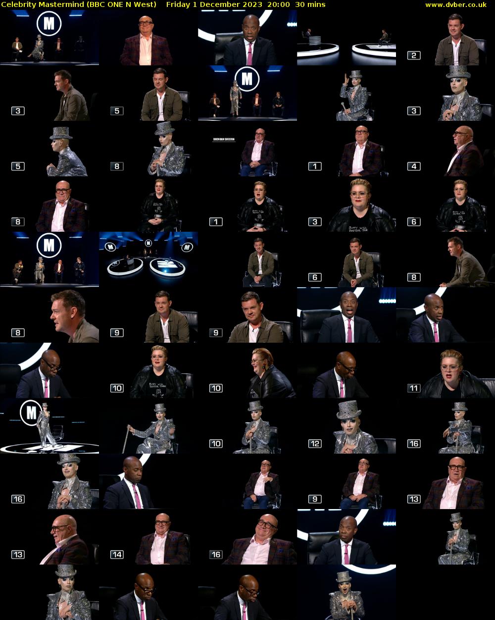 Celebrity Mastermind (BBC ONE N West) Friday 1 December 2023 20:00 - 20:30