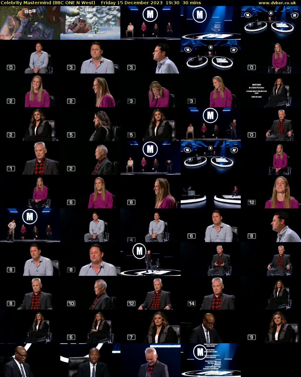 Celebrity Mastermind (BBC ONE N West) Friday 15 December 2023 19:30 - 20:00