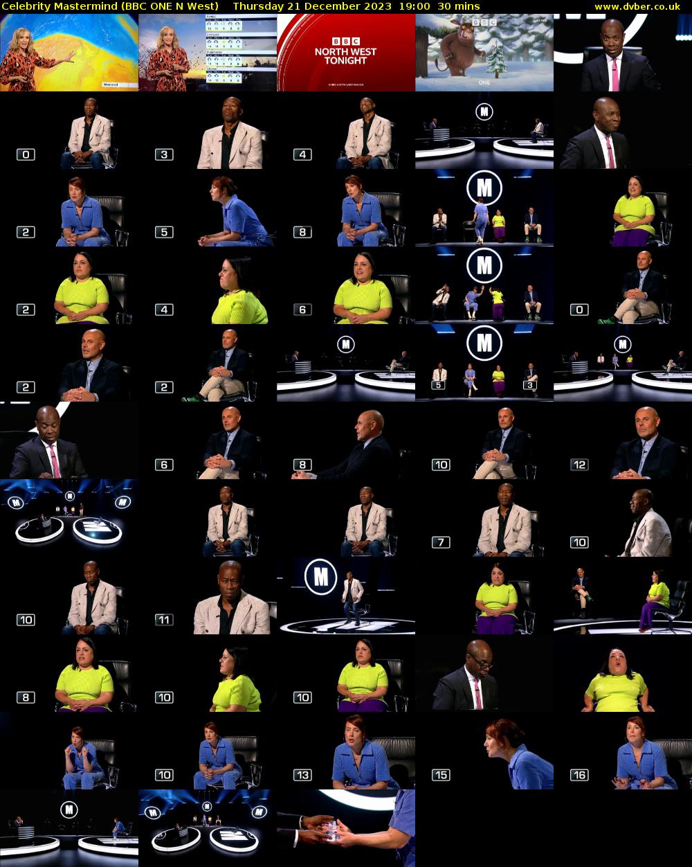Celebrity Mastermind (BBC ONE N West) Thursday 21 December 2023 19:00 - 19:30