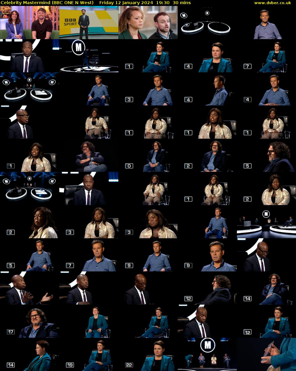 Celebrity Mastermind (BBC ONE N West) Friday 12 January 2024 19:30 - 20:00