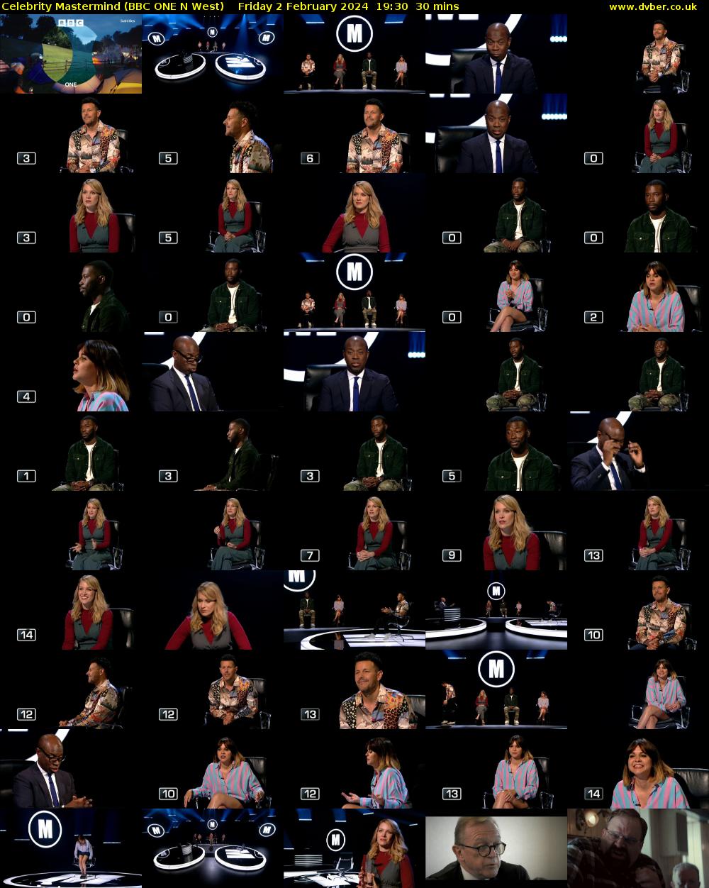 Celebrity Mastermind (BBC ONE N West) Friday 2 February 2024 19:30 - 20:00