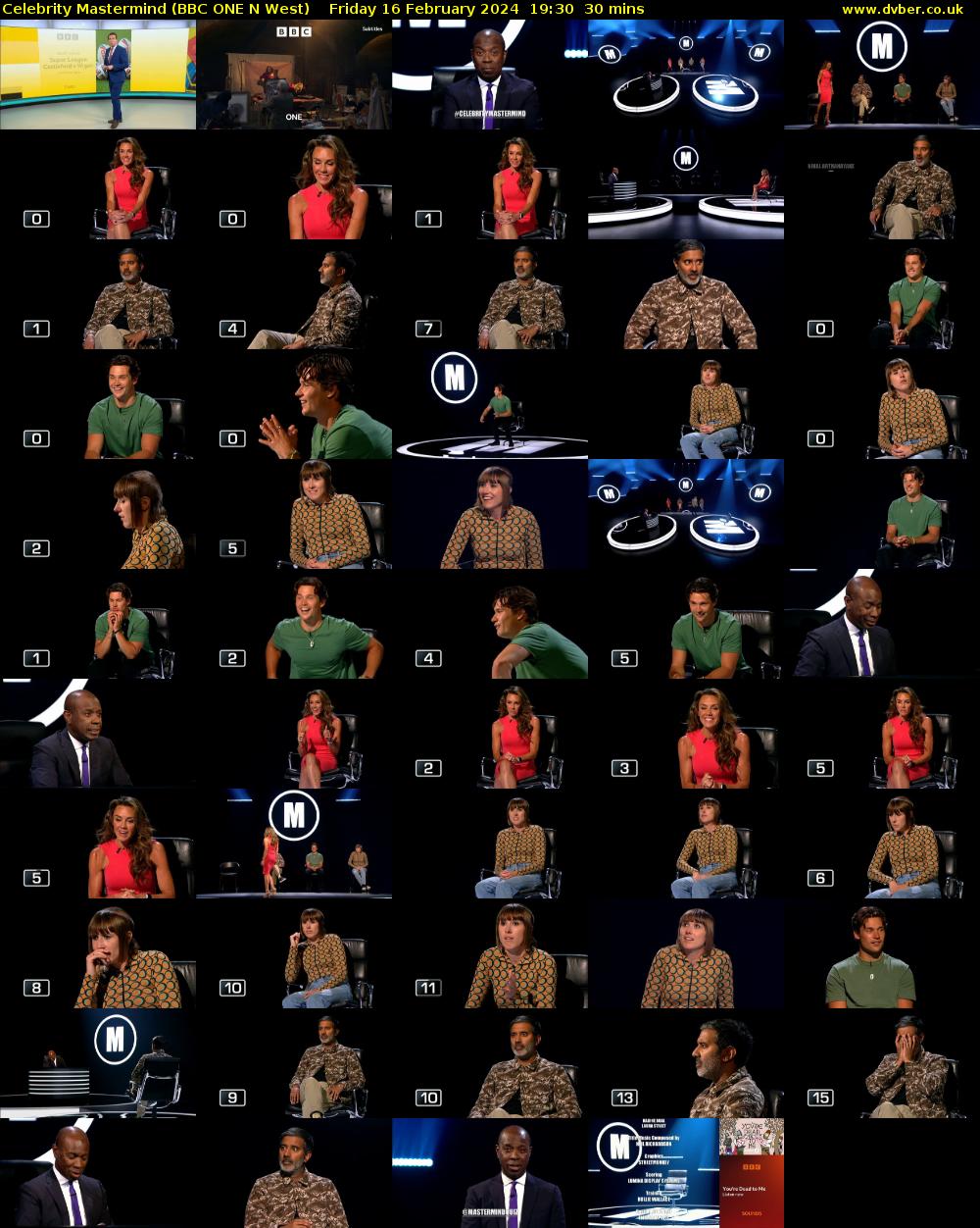Celebrity Mastermind (BBC ONE N West) Friday 16 February 2024 19:30 - 20:00