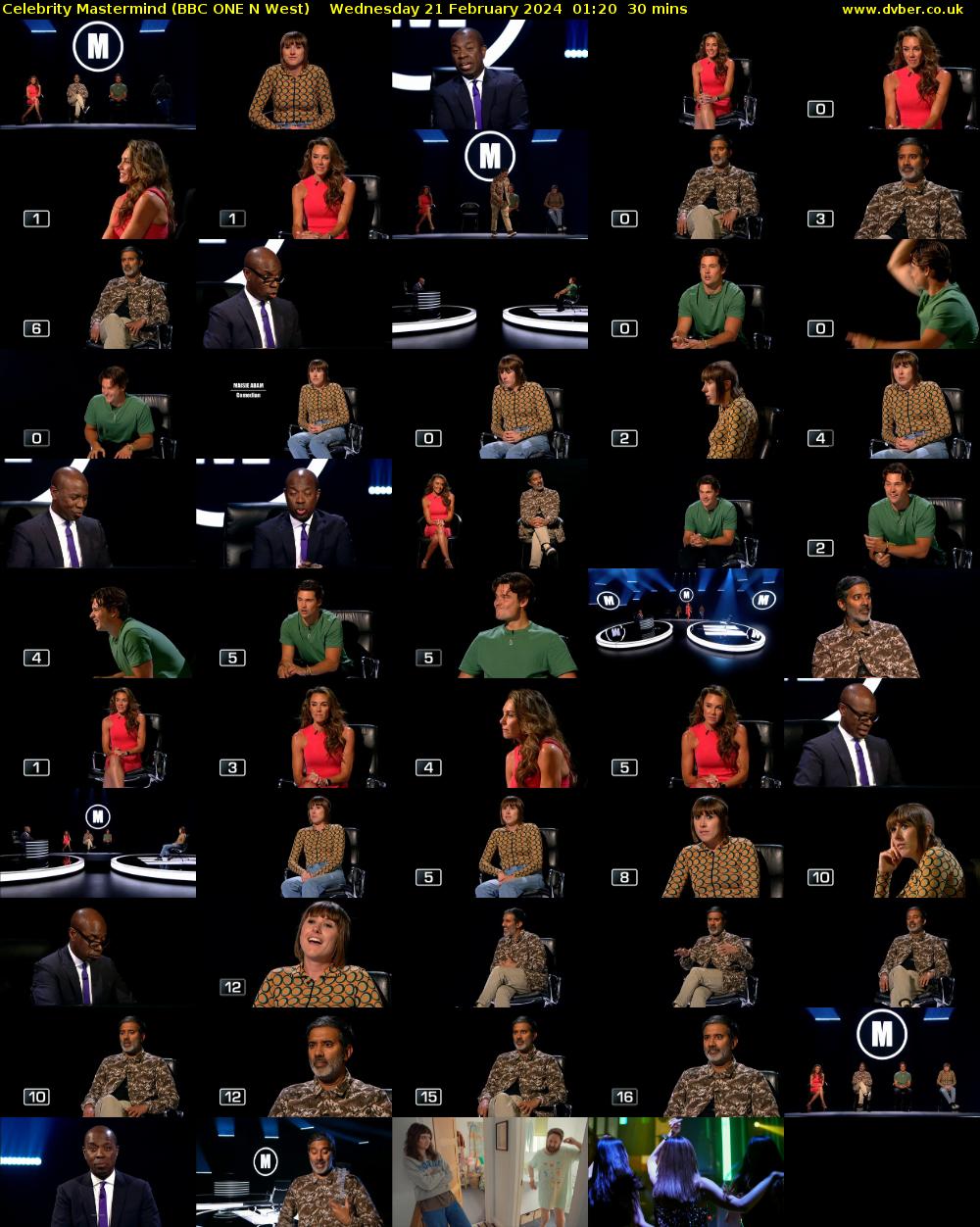 Celebrity Mastermind (BBC ONE N West) Wednesday 21 February 2024 01:20 - 01:50