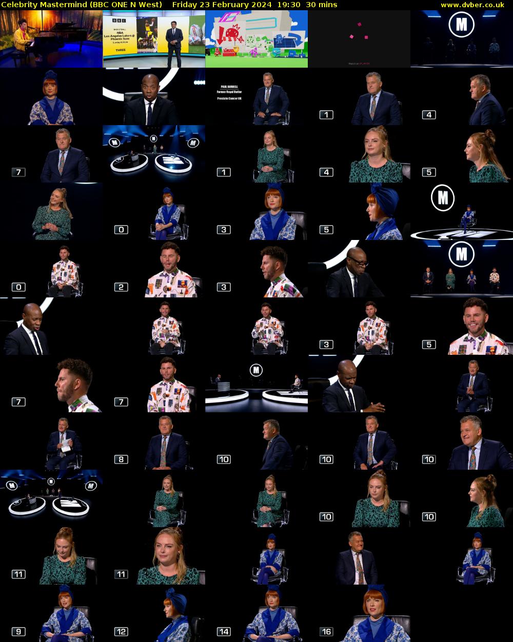Celebrity Mastermind (BBC ONE N West) Friday 23 February 2024 19:30 - 20:00