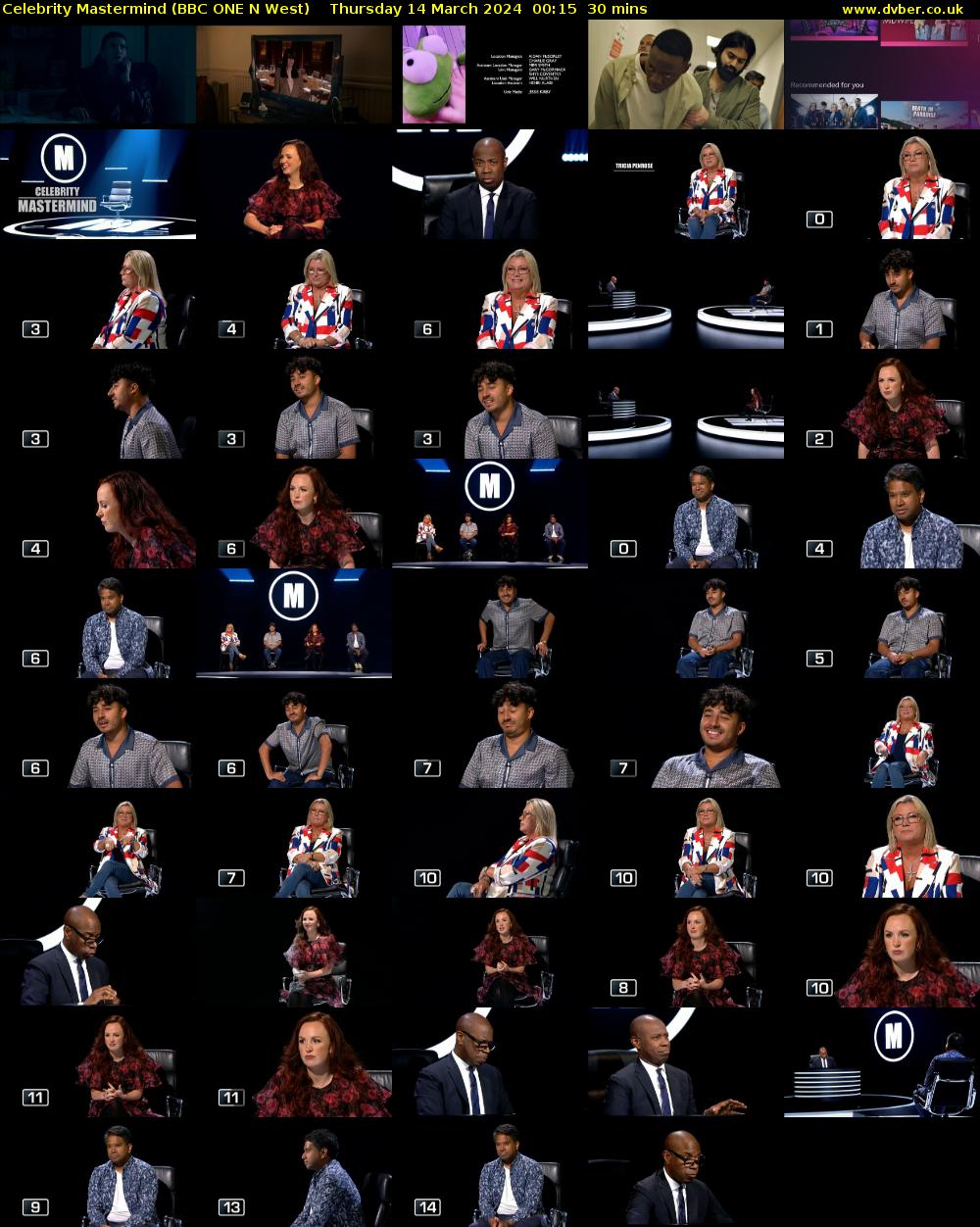 Celebrity Mastermind (BBC ONE N West) Thursday 14 March 2024 00:15 - 00:45