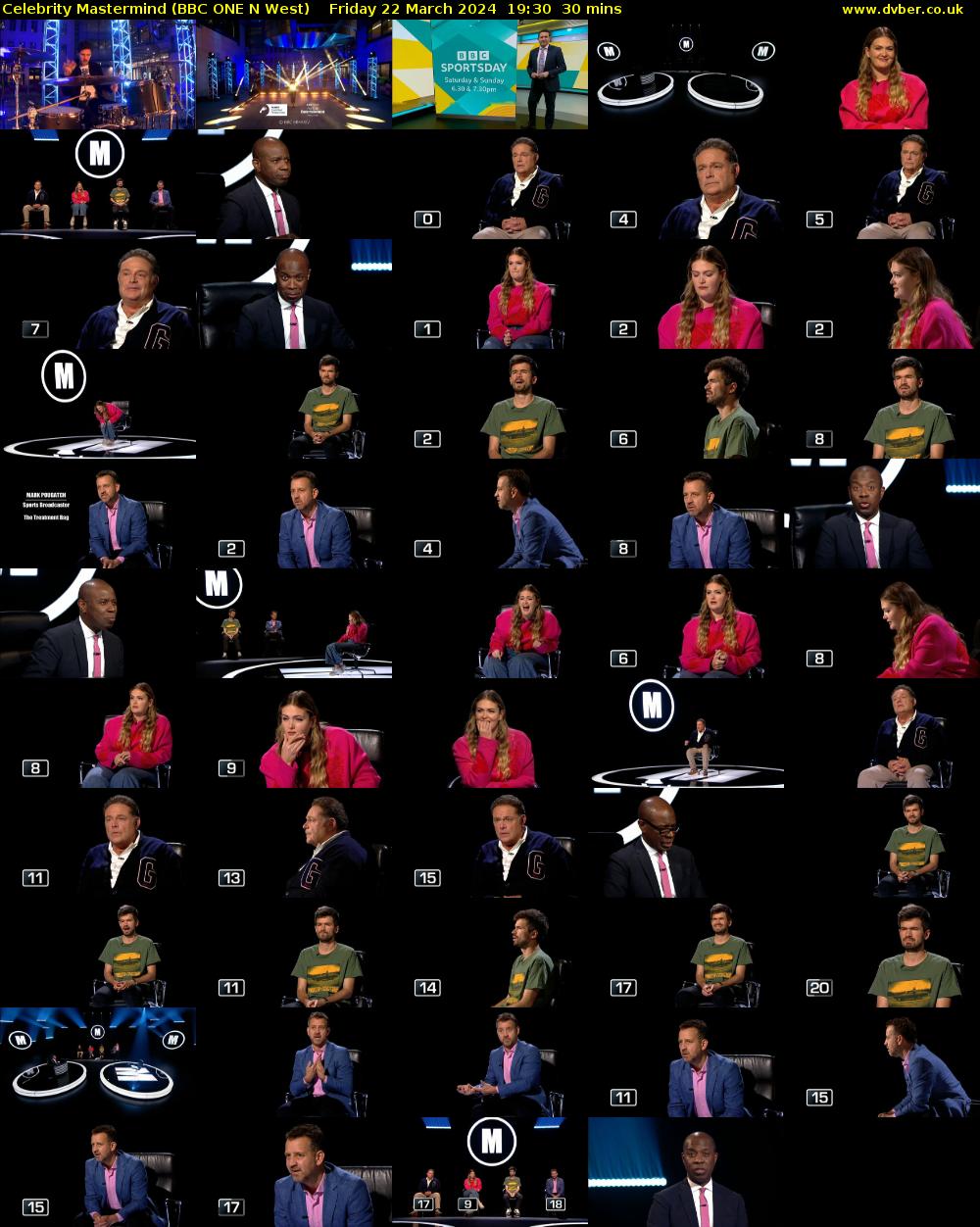 Celebrity Mastermind (BBC ONE N West) Friday 22 March 2024 19:30 - 20:00