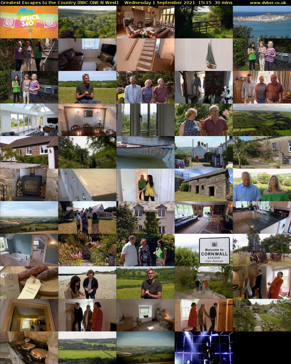 Greatest Escapes to the Country (BBC ONE N West) Wednesday 1 September 2021 15:15 - 15:45