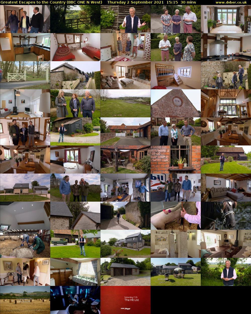 Greatest Escapes to the Country (BBC ONE N West) Thursday 2 September 2021 15:15 - 15:45