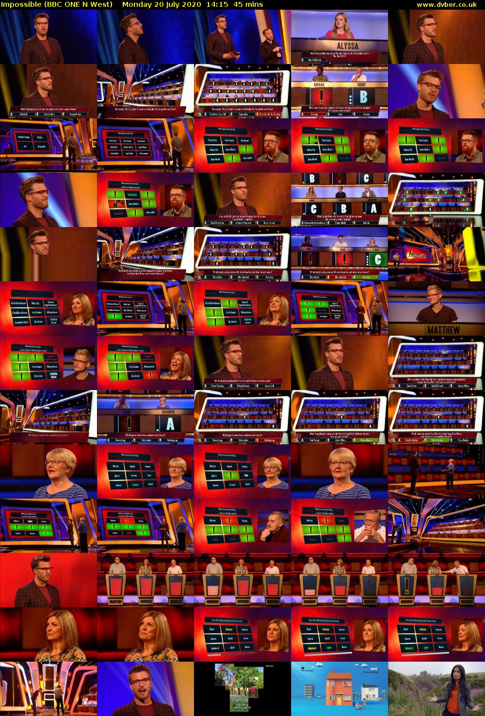 Impossible (BBC ONE N West) Monday 20 July 2020 14:15 - 15:00