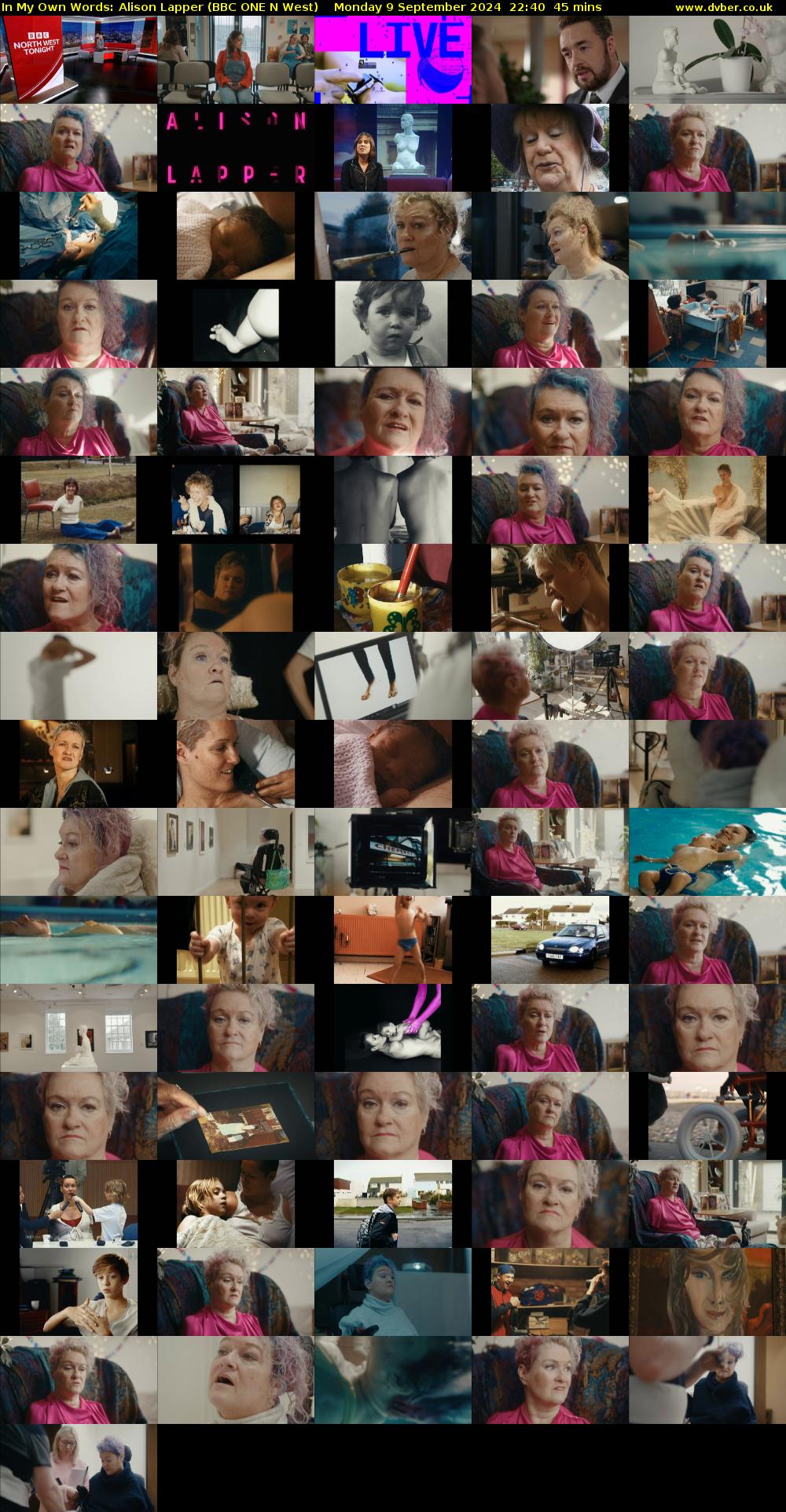 In My Own Words: Alison Lapper (BBC ONE N West) Monday 9 September 2024 22:40 - 23:25