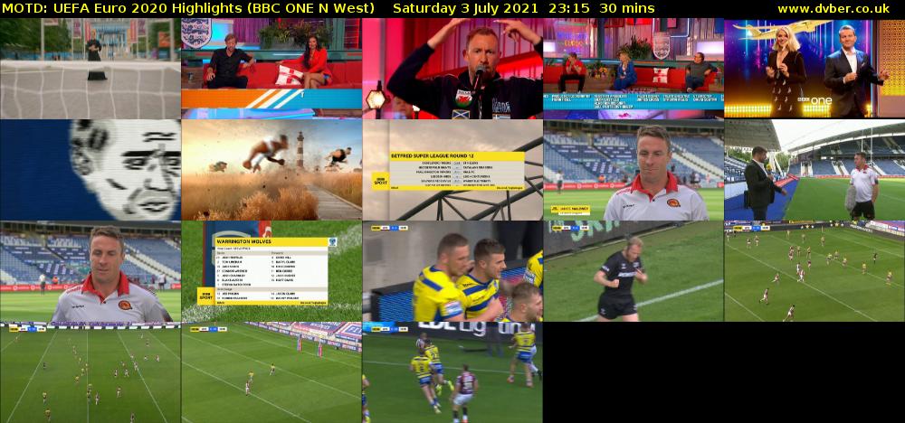 MOTD: UEFA Euro 2020 Highlights (BBC ONE N West) Saturday 3 July 2021 23:15 - 23:45