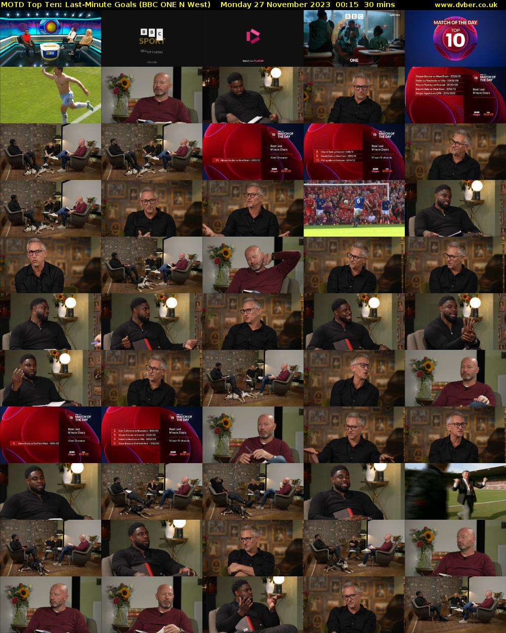 MOTD Top Ten: Last-Minute Goals (BBC ONE N West) Monday 27 November 2023 00:15 - 00:45