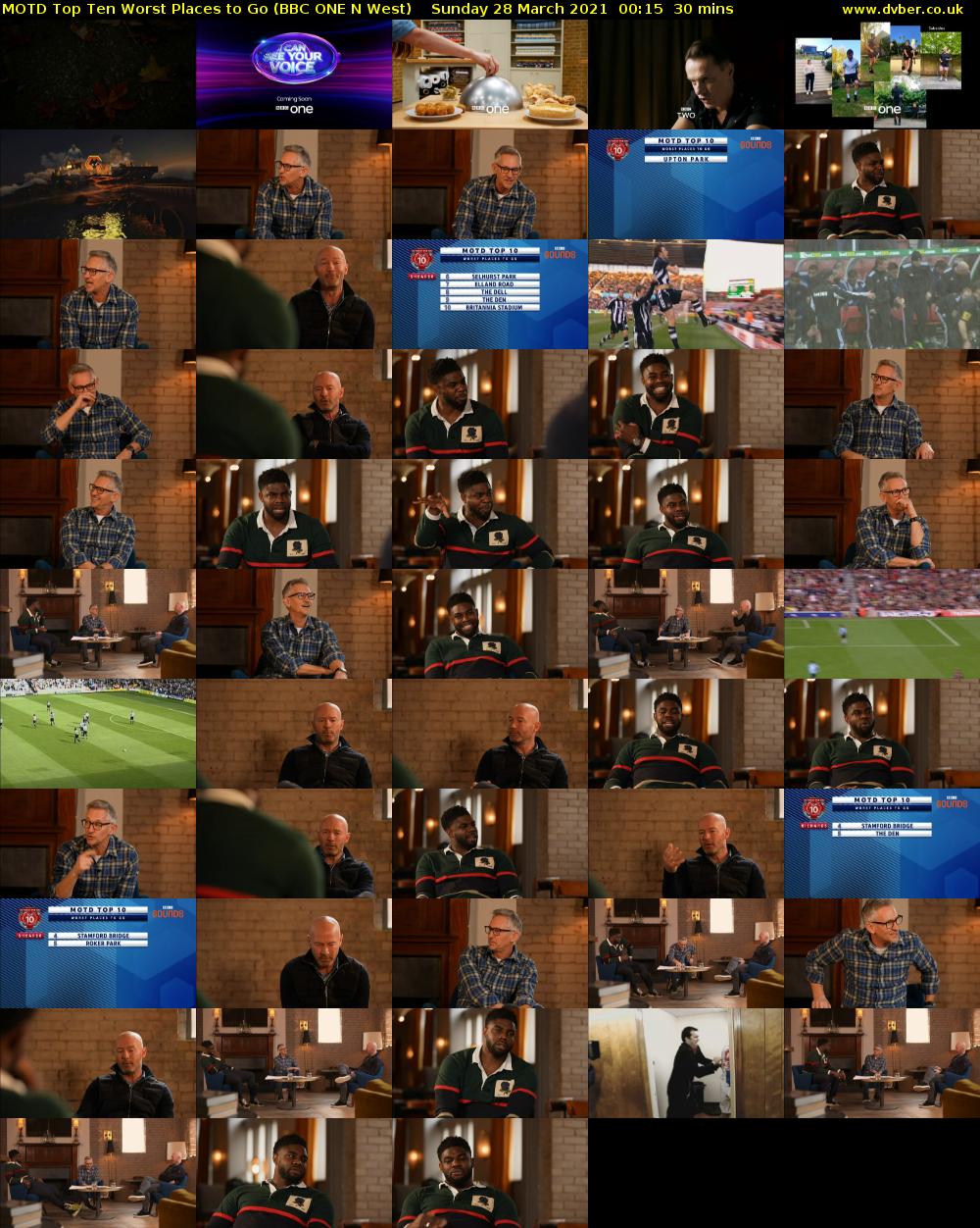 MOTD Top Ten Worst Places to Go (BBC ONE N West) Sunday 28 March 2021 00:15 - 00:45