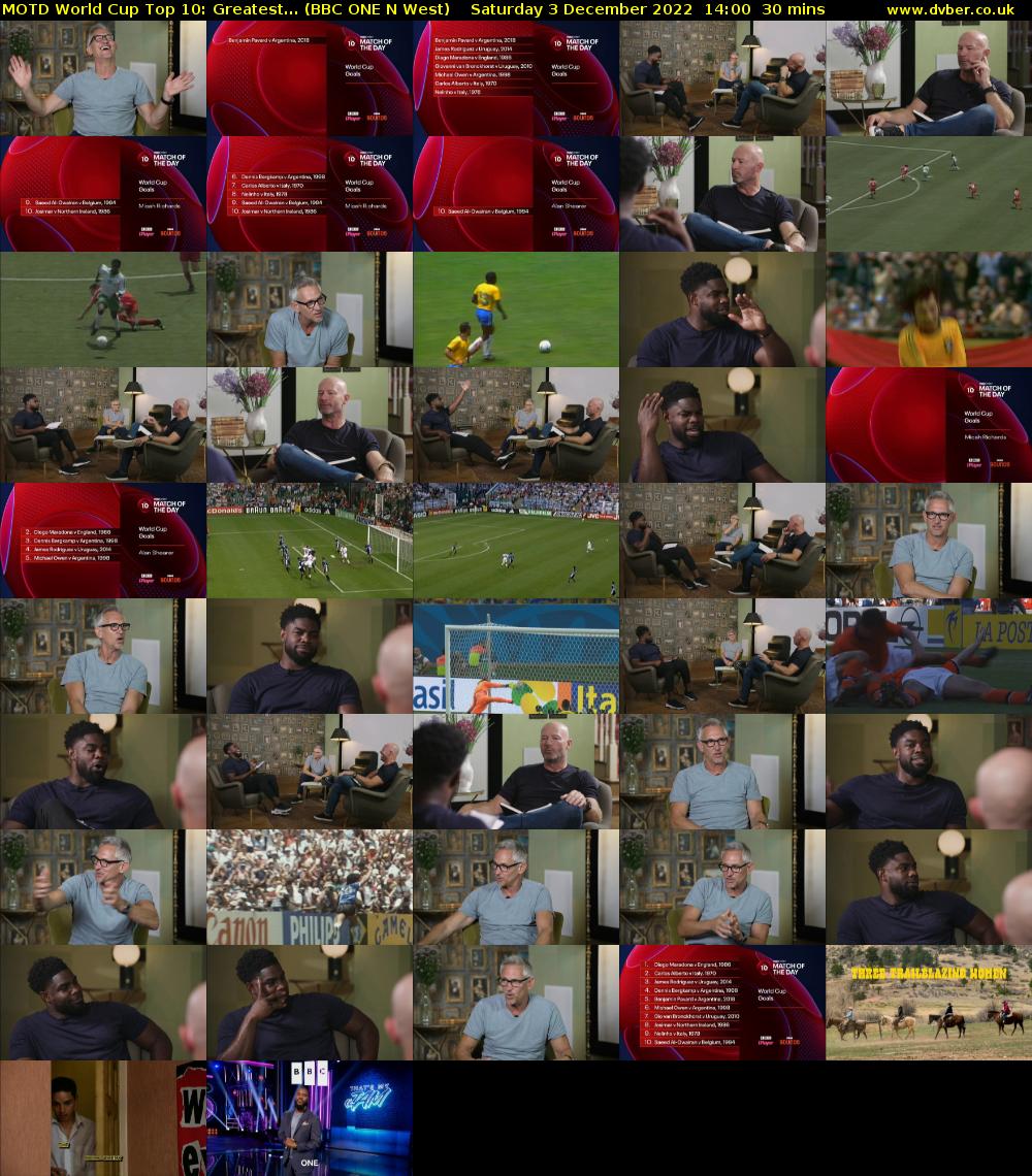 MOTD World Cup Top 10: Greatest... (BBC ONE N West) Saturday 3 December 2022 14:00 - 14:30