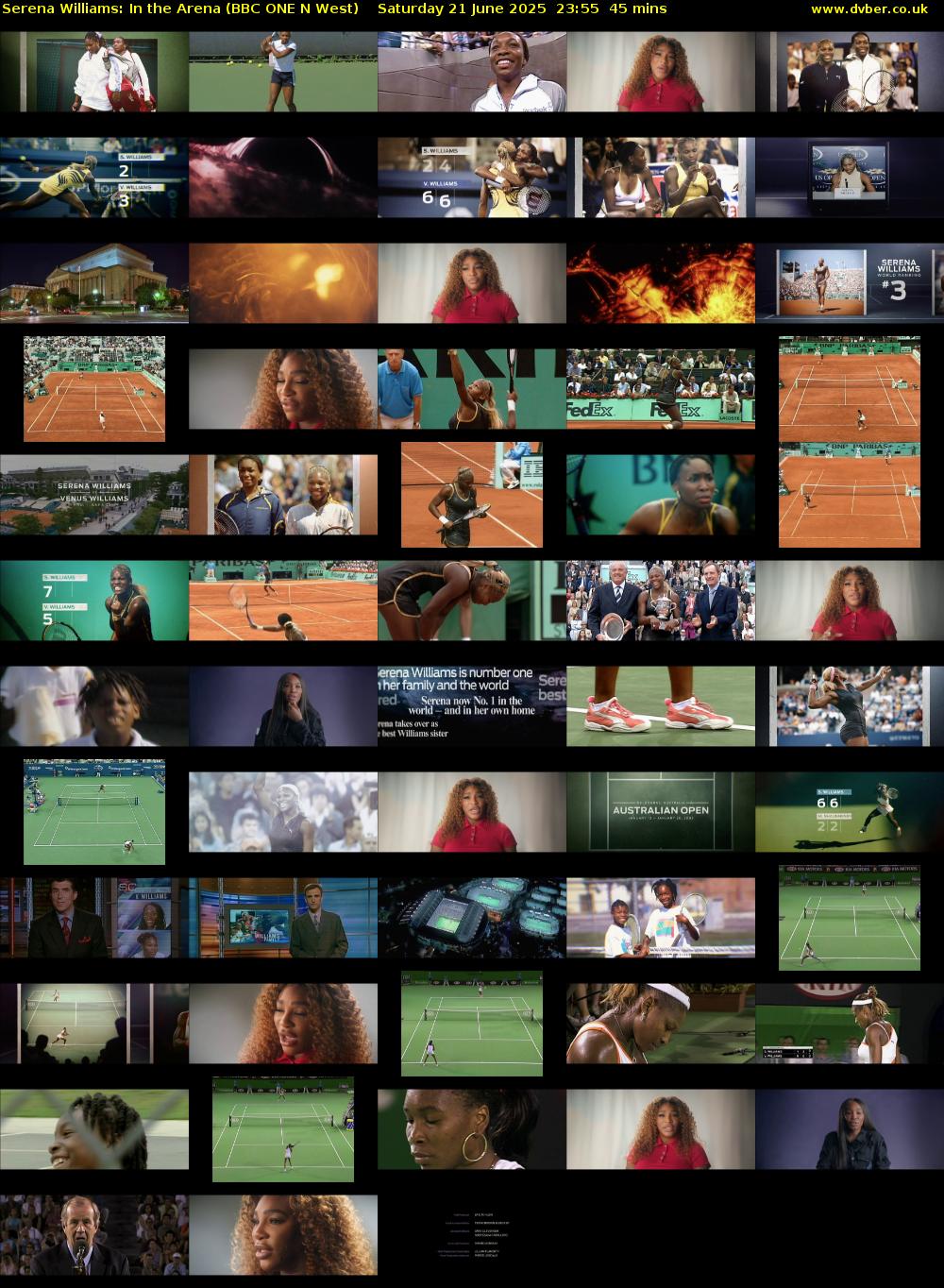 Serena Williams: In the Arena (BBC ONE N West) Saturday 21 June 2025 23:55 - 00:40