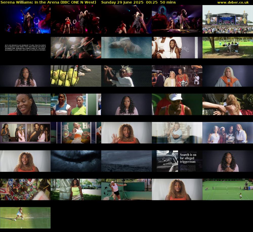 Serena Williams: In the Arena (BBC ONE N West) Sunday 29 June 2025 00:25 - 01:15