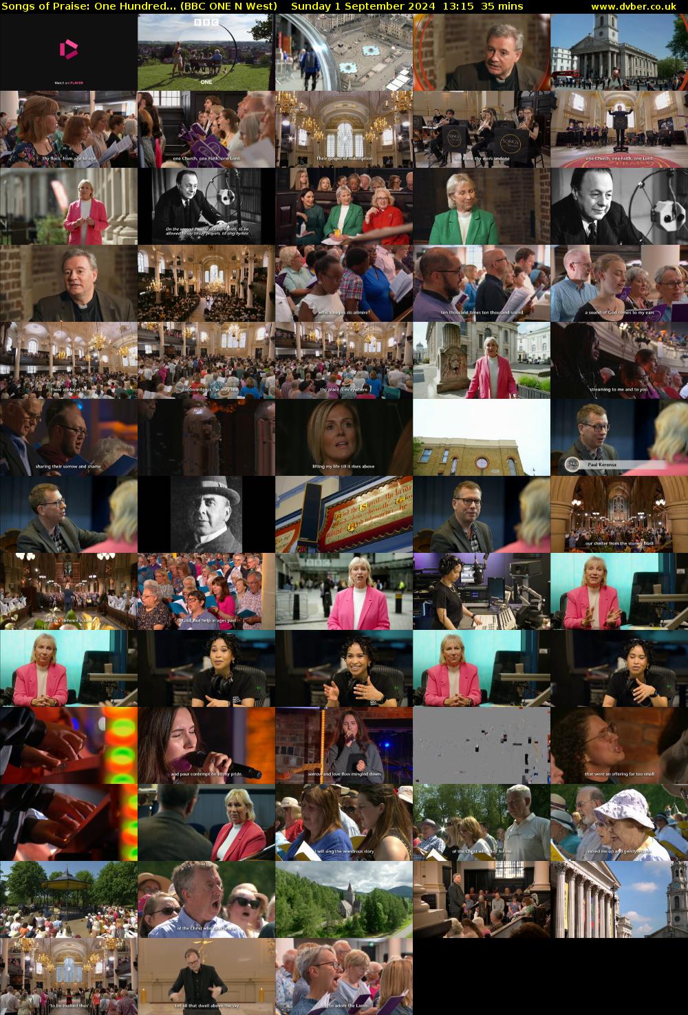 Songs of Praise: One Hundred... (BBC ONE N West) Sunday 1 September 2024 13:15 - 13:50
