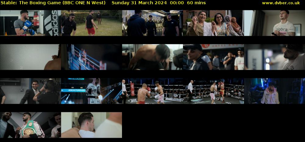 Stable: The Boxing Game (BBC ONE N West) Sunday 31 March 2024 00:00 - 02:00