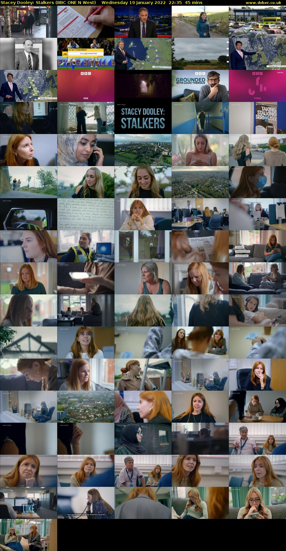 Stacey Dooley: Stalkers (BBC ONE N West) Wednesday 19 January 2022 22:35 - 23:20