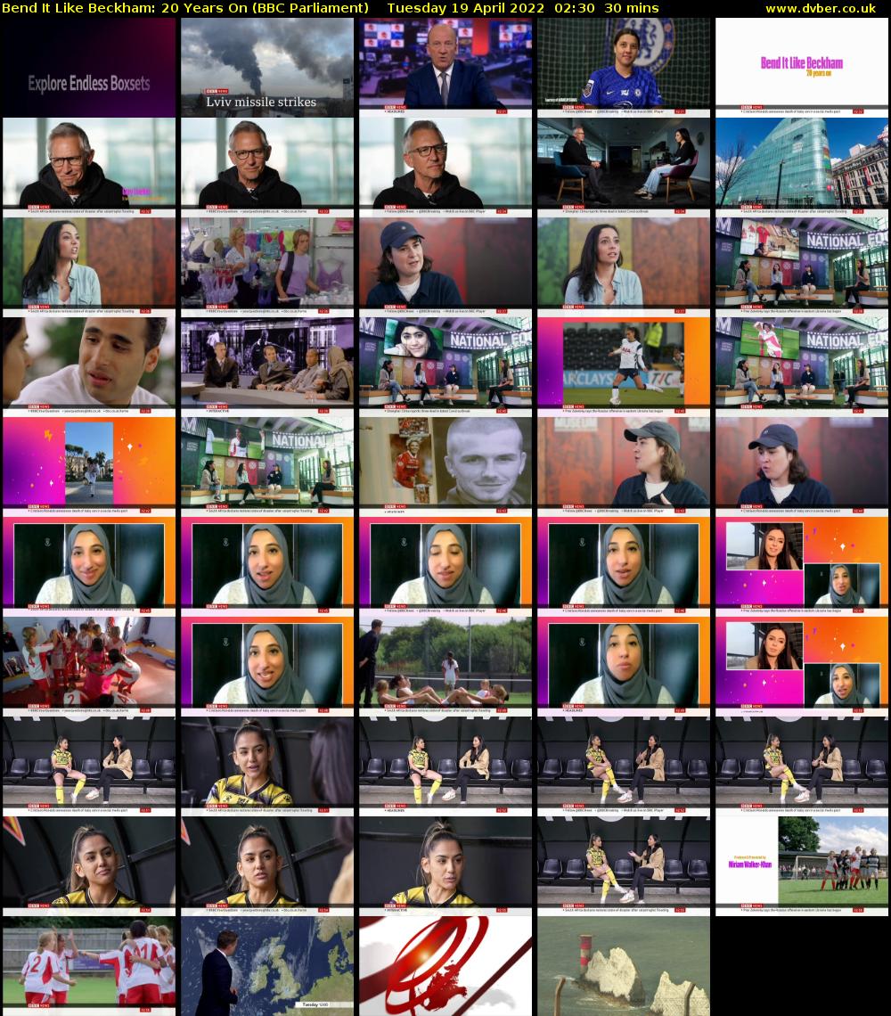 Bend It Like Beckham: 20 Years On (BBC Parliament) Tuesday 19 April 2022 02:30 - 03:00