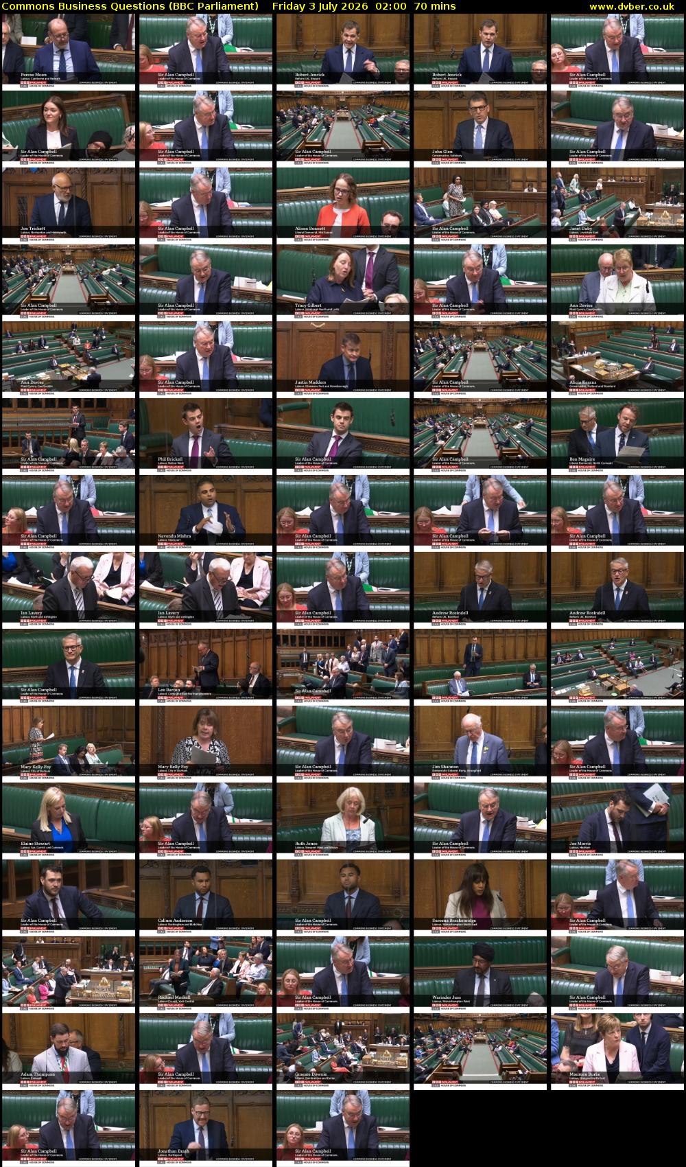 Commons Business Questions (BBC Parliament) Friday 3 July 2026 02:00 - 03:10