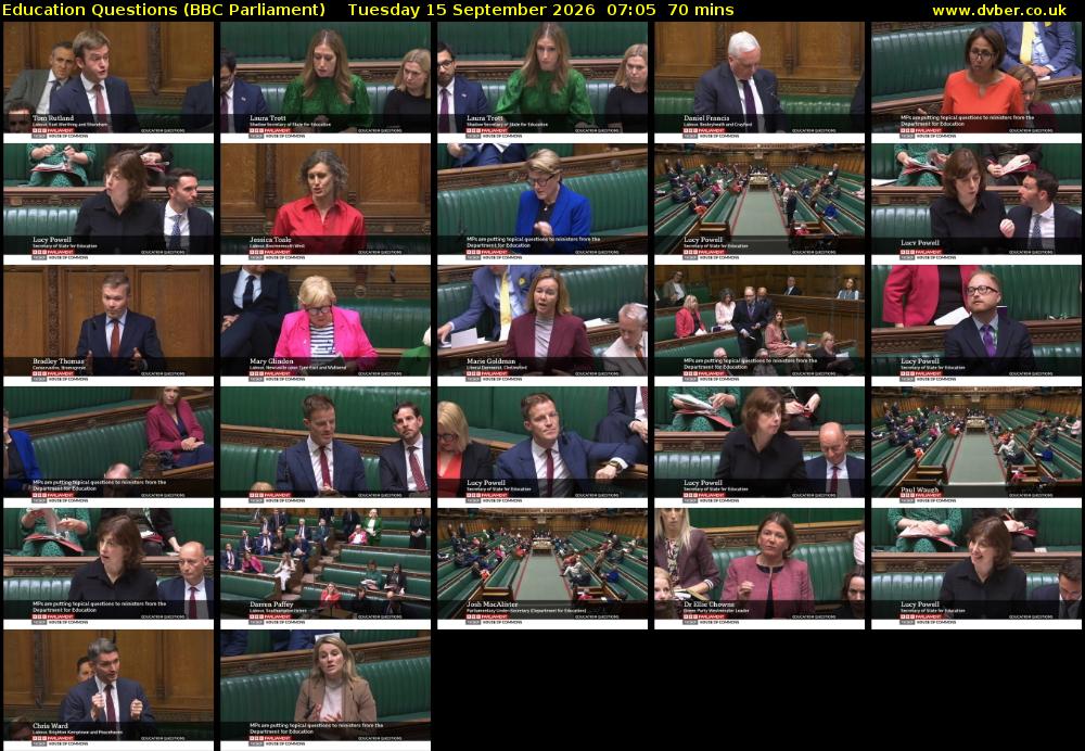 Education Questions (BBC Parliament) Tuesday 15 September 2026 07:05 - 08:15