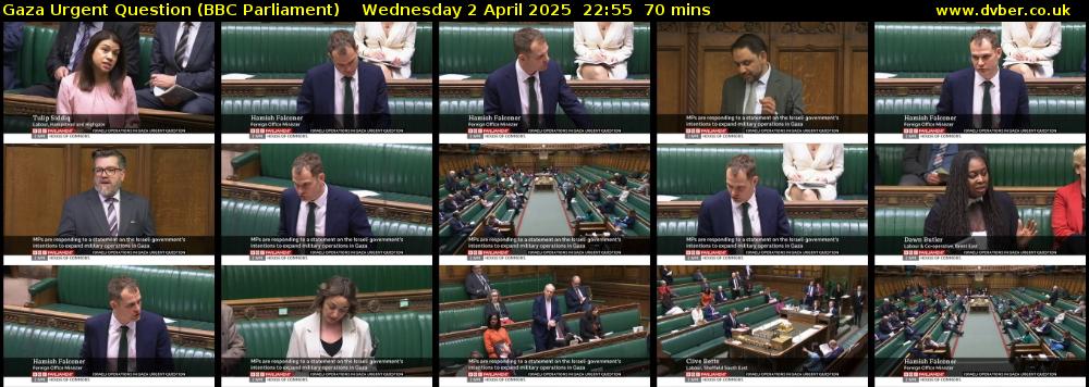 Gaza Urgent Question (BBC Parliament) Wednesday 2 April 2025 22:55 - 00:05