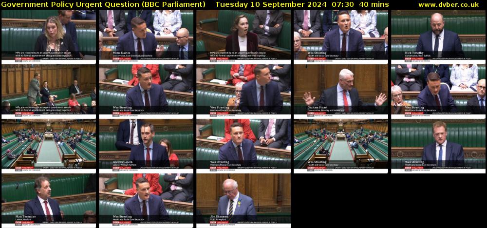 Government Policy Urgent Question (BBC Parliament) Tuesday 10 September 2024 07:30 - 08:10