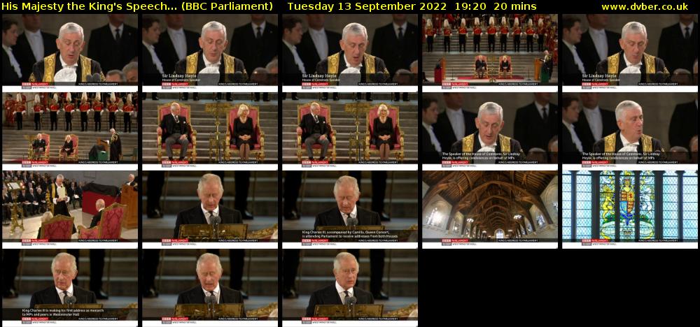 His Majesty the King's Speech... (BBC Parliament) Tuesday 13 September 2022 19:20 - 19:40