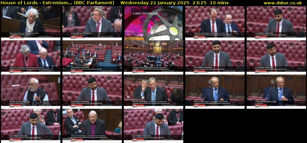 House of Lords - Extremism... (BBC Parliament) Wednesday 22 January 2025 23:25 - 23:35