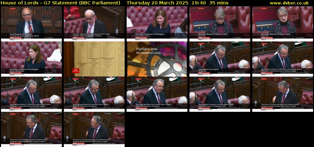 House of Lords - G7 Statement (BBC Parliament) Thursday 20 March 2025 19:40 - 20:15