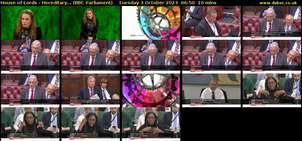 House of Lords - Hereditary... (BBC Parliament) Tuesday 3 October 2023 06:50 - 07:00