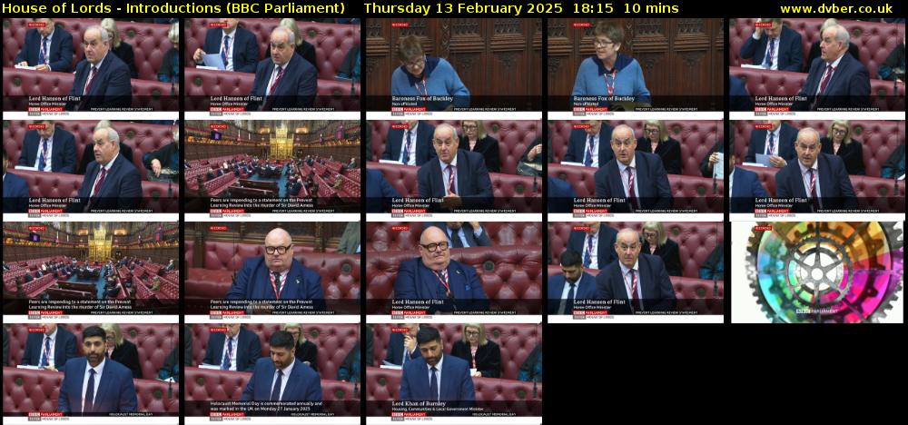 House of Lords - Introductions (BBC Parliament) Thursday 13 February 2025 18:15 - 18:25