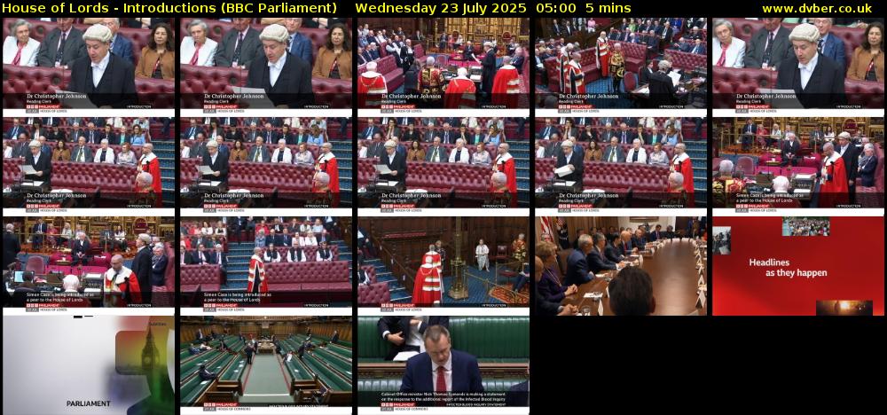 House of Lords - Introductions (BBC Parliament) Wednesday 23 July 2025 05:00 - 05:05