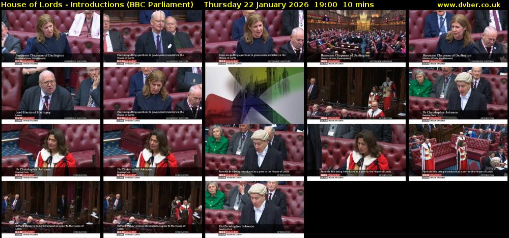 House of Lords - Introductions (BBC Parliament) Thursday 22 January 2026 19:00 - 19:10