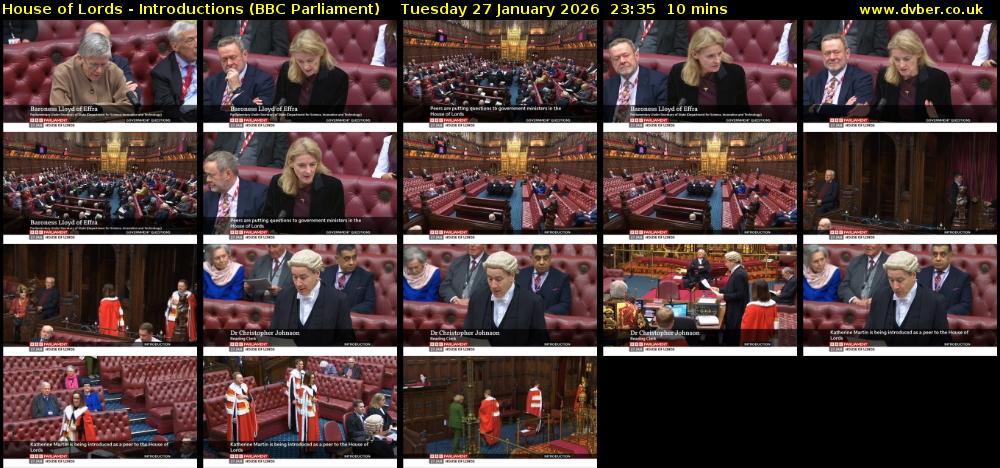 House of Lords - Introductions (BBC Parliament) Tuesday 27 January 2026 23:35 - 23:45