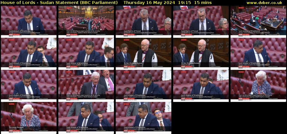 House of Lords - Sudan Statement (BBC Parliament) Thursday 16 May 2024 19:15 - 19:30