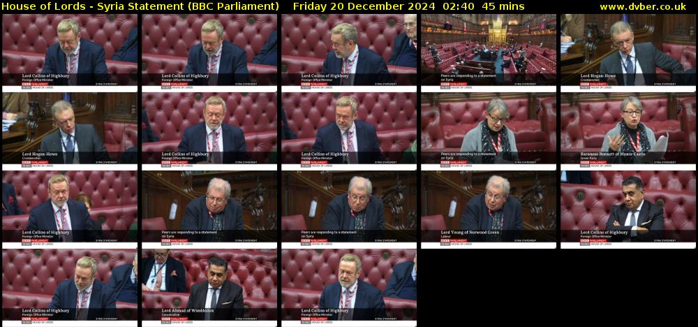 House of Lords - Syria Statement (BBC Parliament) Friday 20 December 2024 02:40 - 03:25