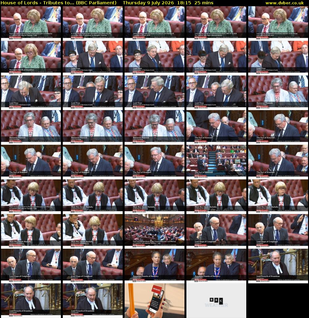 House of Lords - Tributes to... (BBC Parliament) Thursday 9 July 2026 18:15 - 18:40