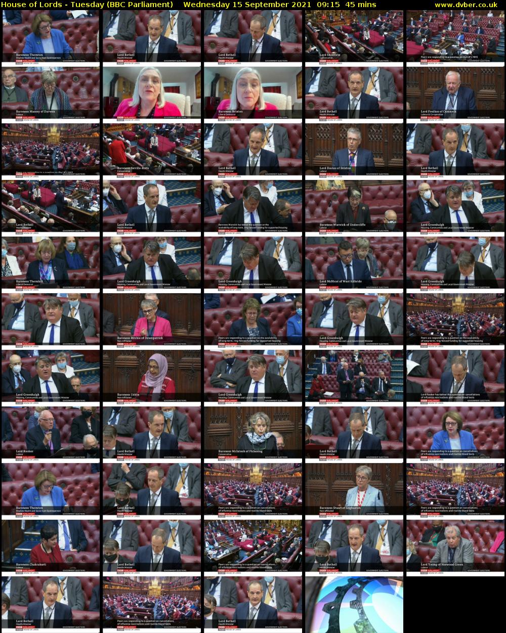 House of Lords - Tuesday (BBC Parliament) Wednesday 15 September 2021 09:15 - 10:00