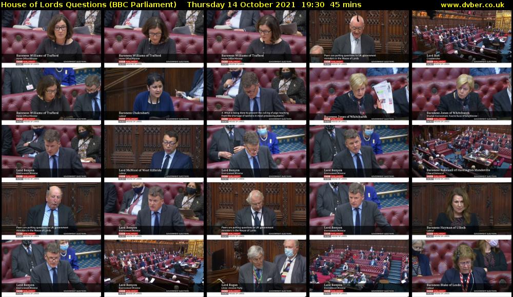 House of Lords Questions (BBC Parliament) Thursday 14 October 2021 19:30 - 20:15